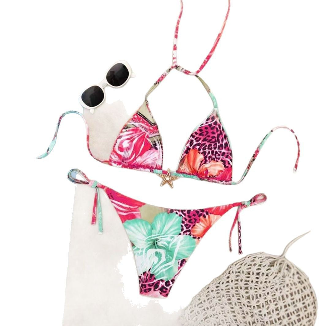 Damen Triangel-Bikini mit floralem Design und verstellbaren Bändern R&B