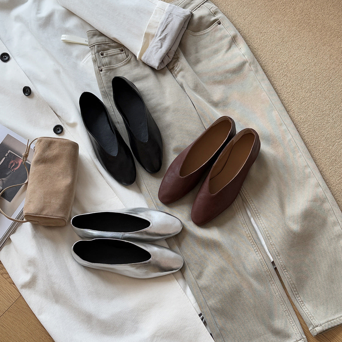Damen elegant geschnittene Ballerinas aus hochwertigem Leder R&B