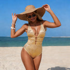 Damen Eleganter Einteiler Badeanzug mit tiefem V-Ausschnitt und modischen Cut-Out-Details R&B