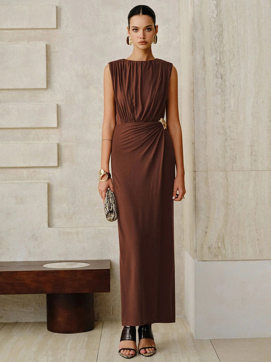 Damen Satin Maxikleid ärmellos mit Raffungen