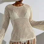 Damen Häkel-Strandüberwurf mit fransigem Saum und dekorativem Netzdesign R&B