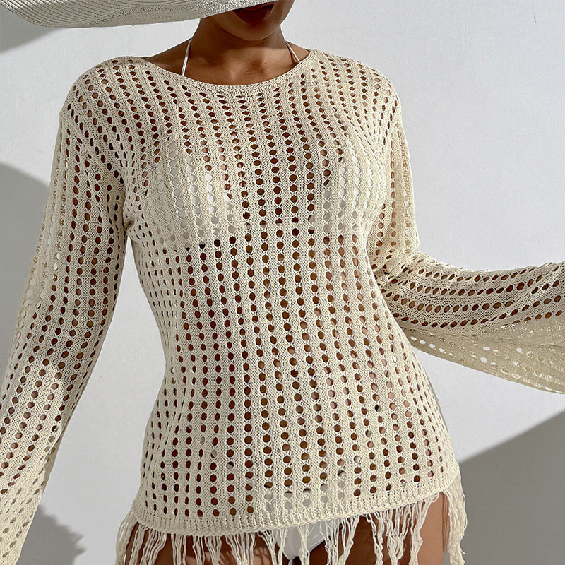 Damen Häkel-Strandüberwurf mit fransigem Saum und dekorativem Netzdesign R&B