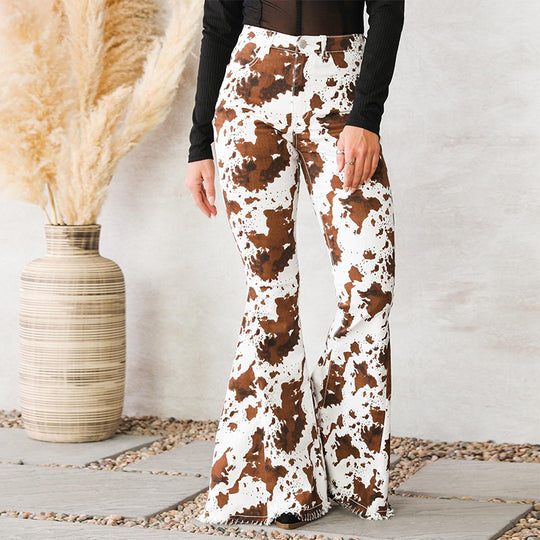 Damen Flared Jeans mit auffälligem Kuhflecken-Muster R&B