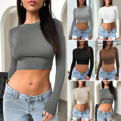 Damen Langarm-Crop-Top mit figurbetonter Passform und zeitlosem Design R&B