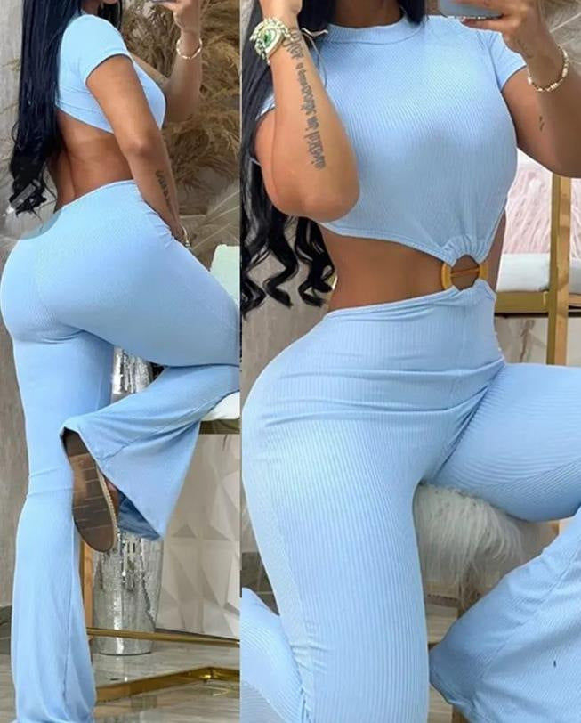 Damen cropped Oberteil mit hochtaillierter Hose im Ripp-Design R&B