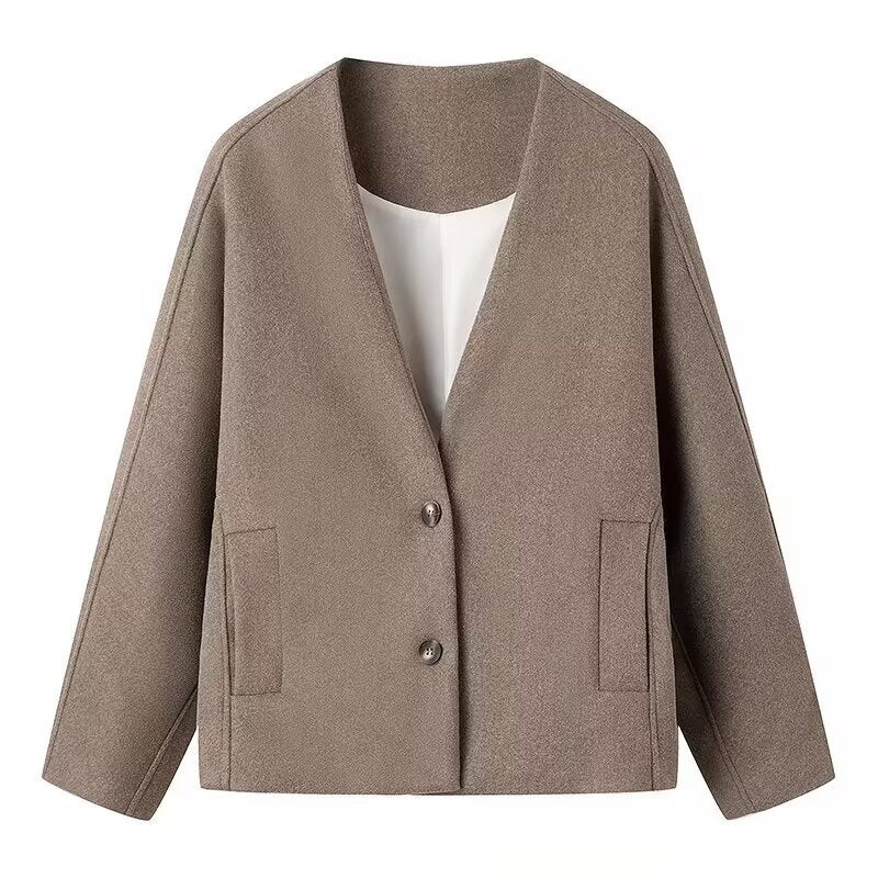 Damen modische Wolljacke mit elegantem Kragen und praktischen Taschen R&B