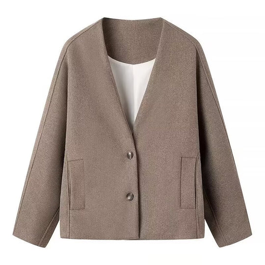 Damen modische Wolljacke mit elegantem Kragen und praktischen Taschen R&B