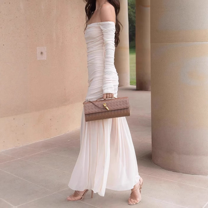 Damen Elegantes Off-Shoulder Maxikleid mit figurbetontem Design und fließendem Rock R&B