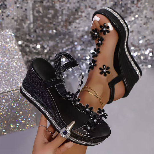 Damen Wedge-Sandalen mit floralem Schmuck und Glitzerakzenten R&B