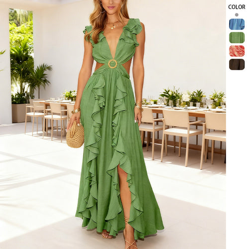Damen Maxikleid mit voluminösen Rüschendetails und tiefem V-Ausschnitt R&B