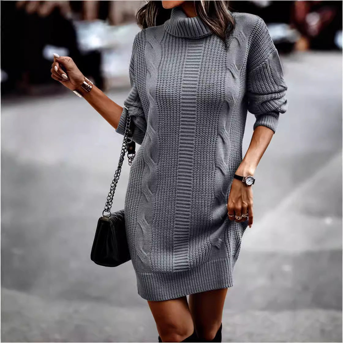 Damen Strickkleid mit modernem Zopfmuster und hochgeschlossenem Kragen R&B