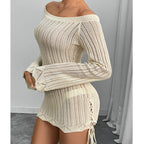 Damen Strickkleid im modernen Off-Shoulder Design mit weiten Ärmeln und Raffungen R&B
