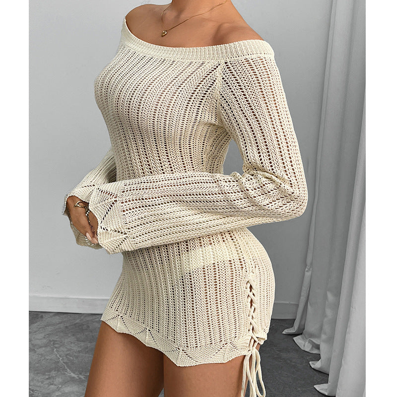 Damen Strickkleid im modernen Off-Shoulder Design mit weiten Ärmeln und Raffungen R&B