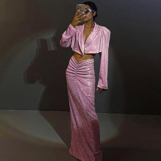 Damen Glitzerndes Crop-Oberteil und Wickelrock Set R&B