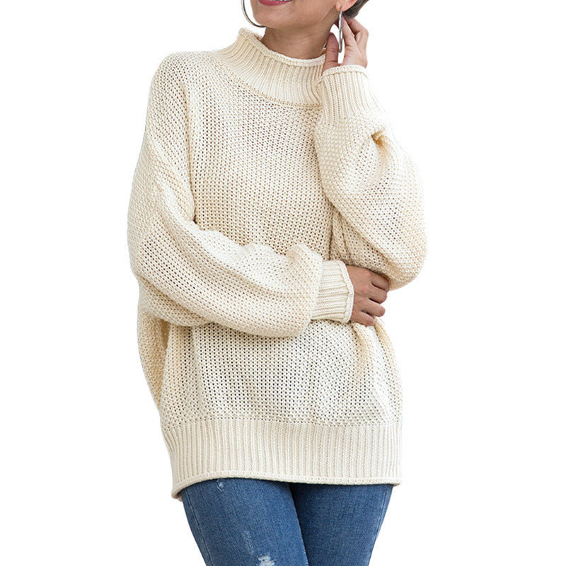 Damen Grobstrickpullover mit hohem Kragen und lockerem Schnitt R&B