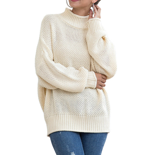 Damen Grobstrickpullover mit hohem Kragen und lockerem Schnitt R&B