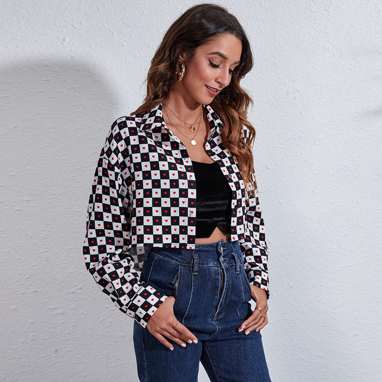 Damen Modische Karokbluse mit Herzen und cropped Schnitt R&B