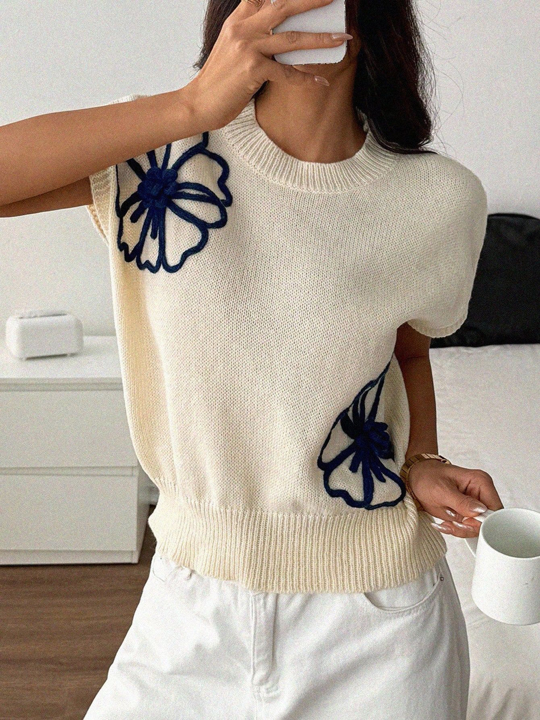 Damen Strickoberteil mit floralem Stickdesign R&B