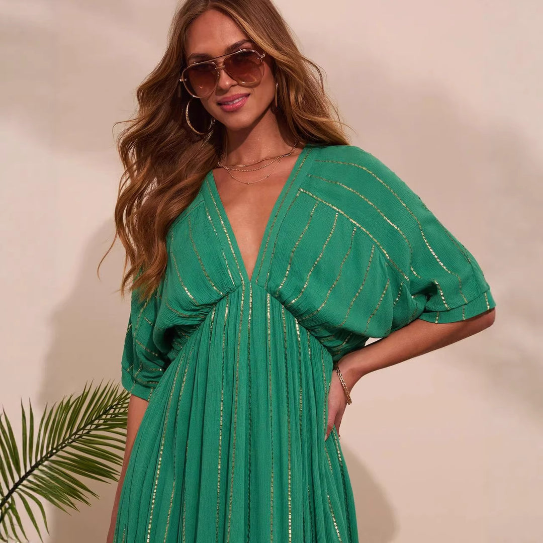 Damen Maxi-Kleid mit hochgeschlossenem V-Ausschnitt und fließendem Faltenwurf R&B