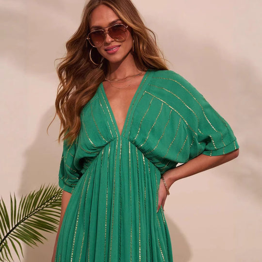 Damen Maxi-Kleid mit hochgeschlossenem V-Ausschnitt und fließendem Faltenwurf R&B