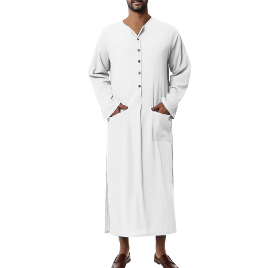 Herren nan weites langes Tunika-Kaftan aus atmungsaktivem Leinen mit Stehkragen Knopfblende und aufgesetzten Taschen R&B
