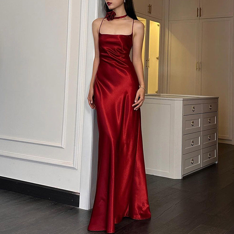 Damen elegantes Maxikleid aus fließendem Satin mit Spaghettiträgern R&B