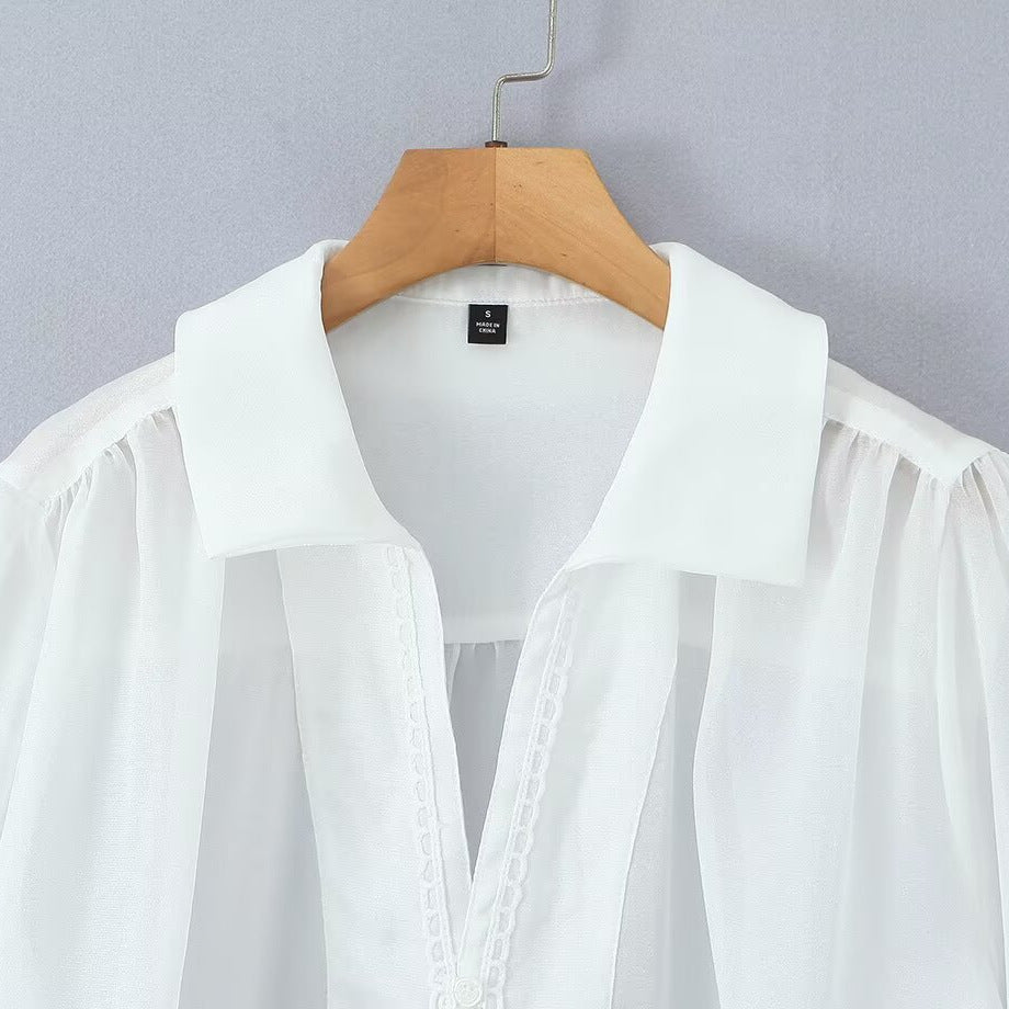 Damen elegante Chiffonbluse mit raffinierten Puffärmeln und edlem Kragen R&B