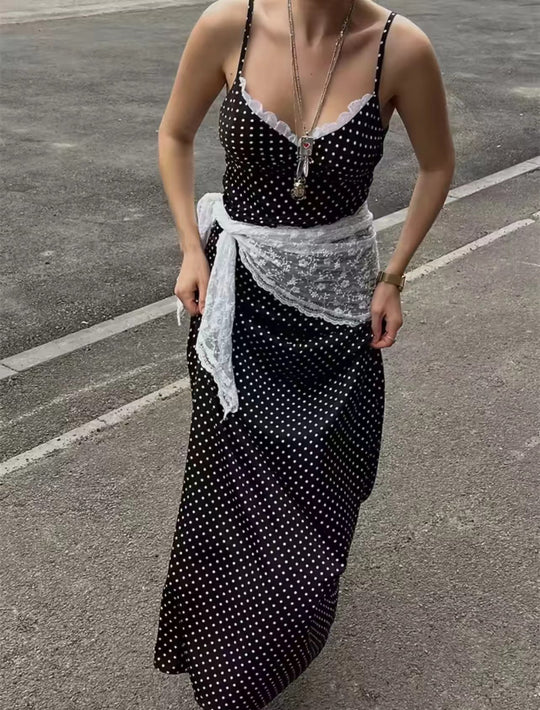 Damen Maxikleid mit Punkten und eleganter Spitzenverzierung R&B