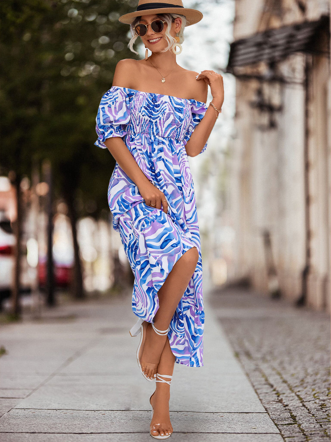 Damen Off-Shoulder Maxikleid mit floralen Akzenten und elastischer Taillierung R&B