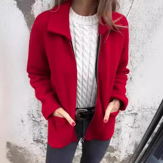 Damen modische Fleecejacke mit praktischen Taschen und elegantem Kragen R&B