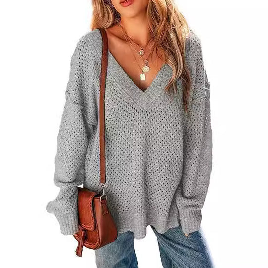 Damen Leicht gestrickter V-Ausschnitt Pullover mit lässigem Schnitt R&B