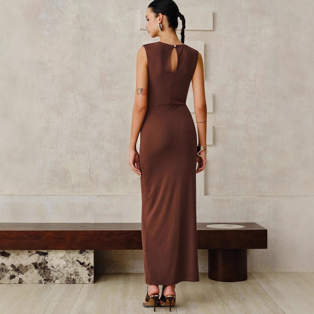 Damen Satin Maxikleid ärmellos mit Raffungen