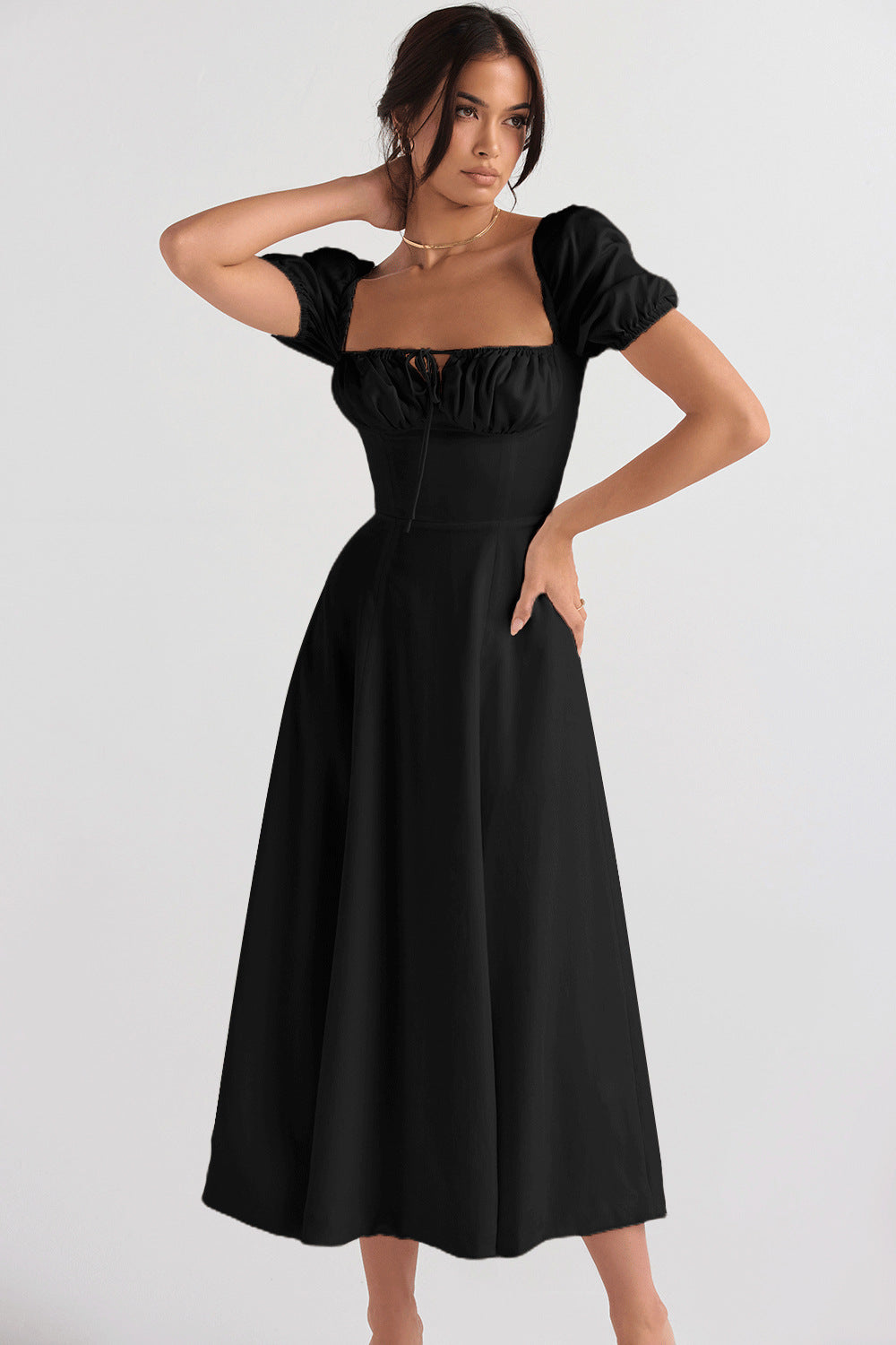 Damen Midi-Kleid mit gerafftem Oberkörper und ausgestelltem Rock R&B