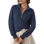 Damen Grobstrick Pullover mit Stehkragen und halbem Reißverschluss R&B