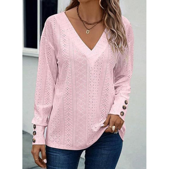 Damen V-Ausschnitt Bluse mit gehäkelter Struktur und langen Ärmeln R&B