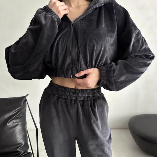 Damen sportliches Fleece Ensemble mit modernem Reißverschluss und elastischem Bund R&B