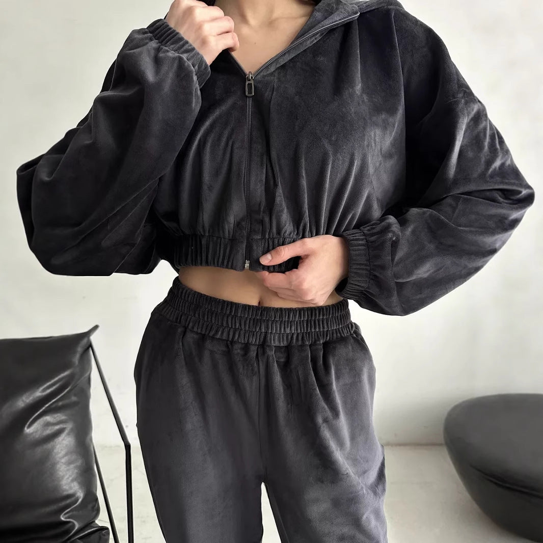 Damen trendige Veloursjacke mit weiten Ärmeln und Bund