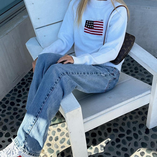 Damen Lässiger Pullover mit kreativem Flaggenmotiv und weichem Strick R&B