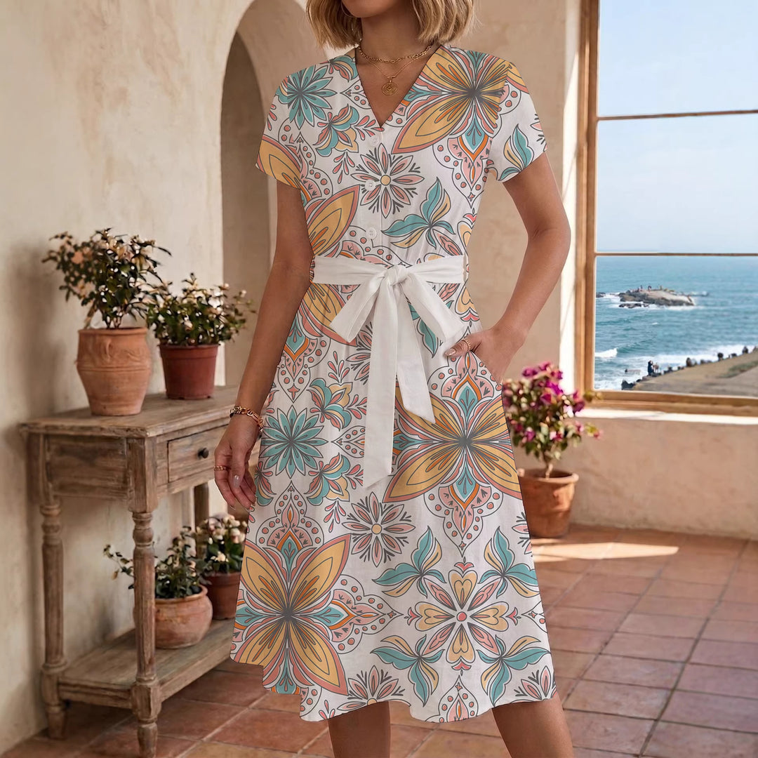 Damen Midikleid mit floralem Motiv und Taillengürtel R&B