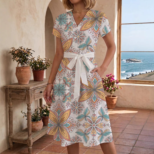 Damen Midikleid mit floralem Motiv und Taillengürtel R&B