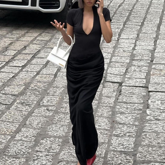 Damen Figurnahes Maxikleid mit tiefem V-Ausschnitt und seitlichen Raffungen R&B