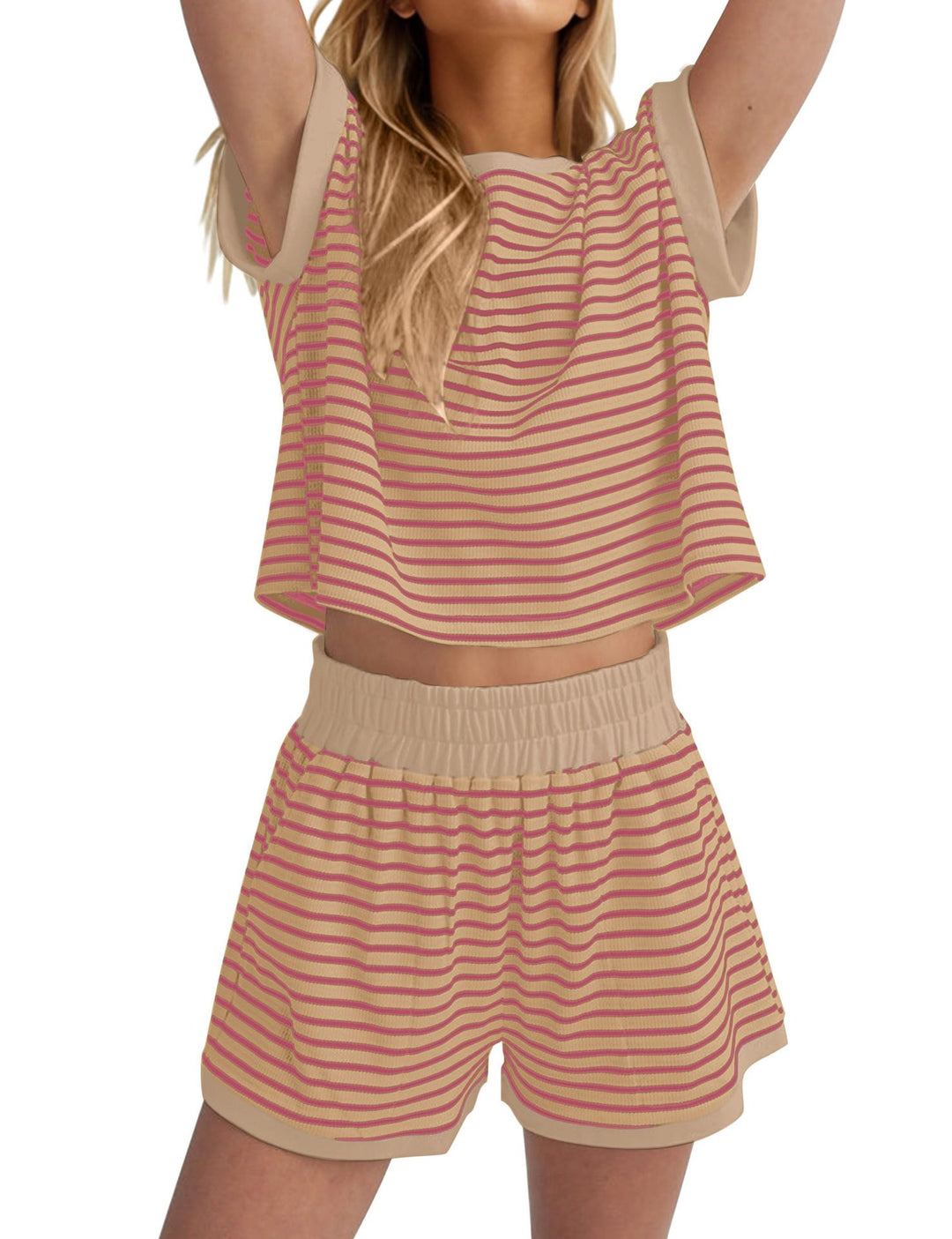 Damen Lässiges gestreiftes Set aus lockerer Oberteil und Shorts R&B