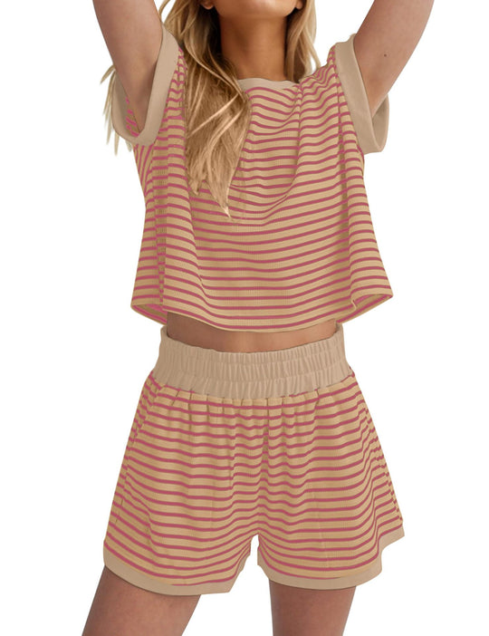 Damen Lässiges gestreiftes Set aus lockerer Oberteil und Shorts R&B