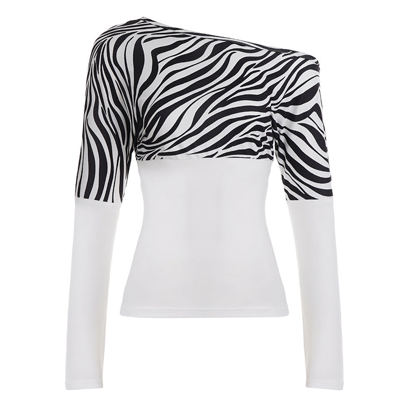 Damen Off-Shoulder Oberteil mit Zebra-Muster und langen Ärmeln R&B