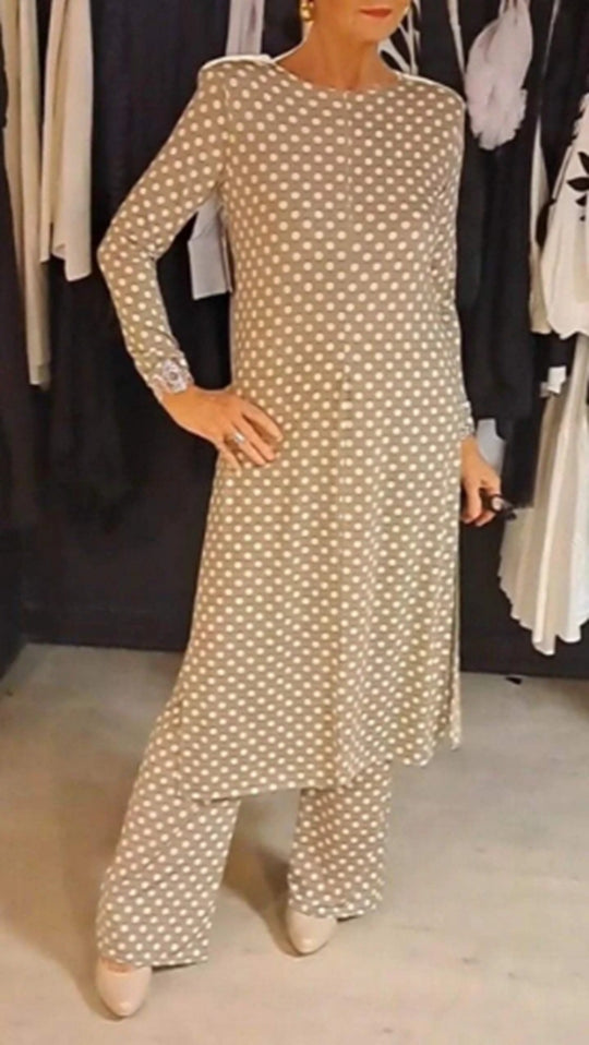 Damen nan Pünktchen-Lounge-Ensemble mit langer A-Linien-Tunika, mittigem Frontschlitz und weiter Palazzohose R&B