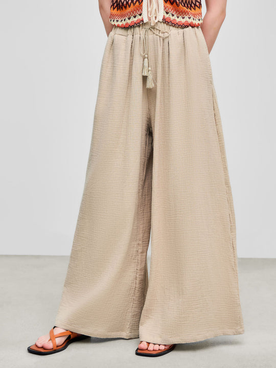 Damen weite Sommerhose im lässigen Boho-Stil mit elastischem Bund und seitlichen Taschen R&B