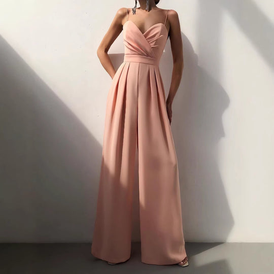 Damen eleganter Jumpsuit mit tiefem V-Ausschnitt und weiten Beinen R&B