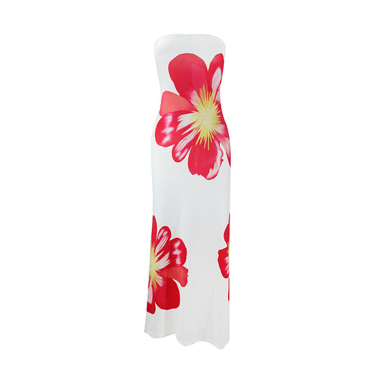 Damen schulterfreies Maxi-Kleid mit floralen Motiven und fließendem Schnitt R&B