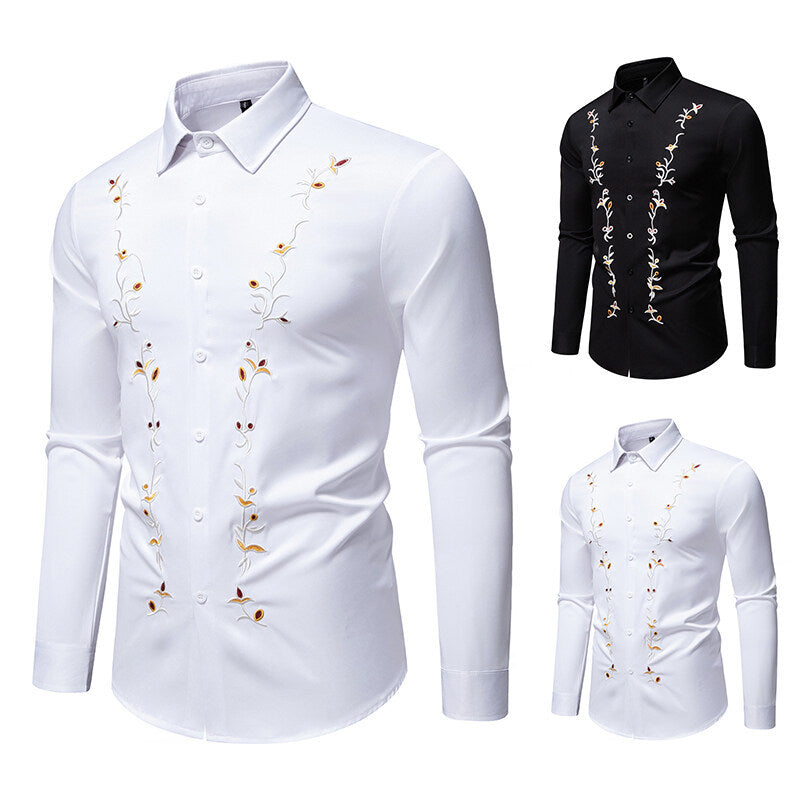 Herren Langarmhemd mit floralen Stickereien