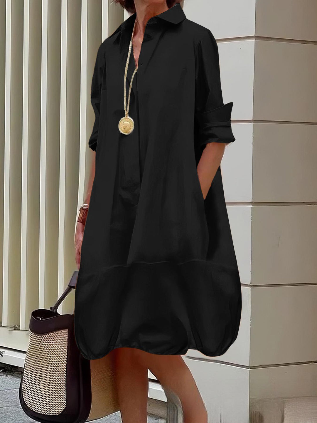Damen Lässiges Hemdblusenkleid mit weit geschnittenem Saum R&B